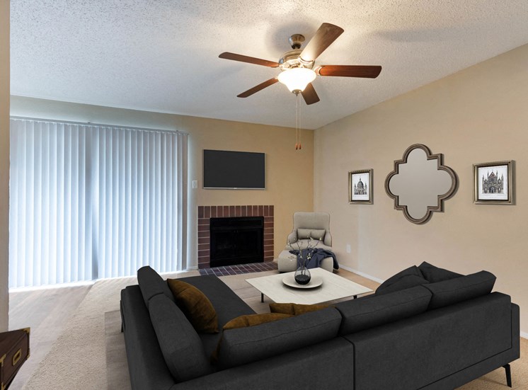 Furnished Living Room with a sofa, ceiling fan, and coffee table
